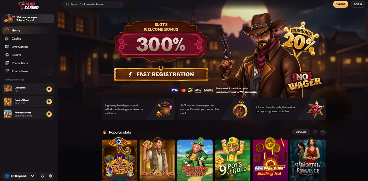 Portada de MadCasino, sin sesión iniciada